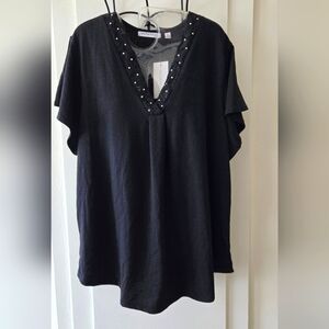 Notations Black Boxy Embellished Blouse Nwt